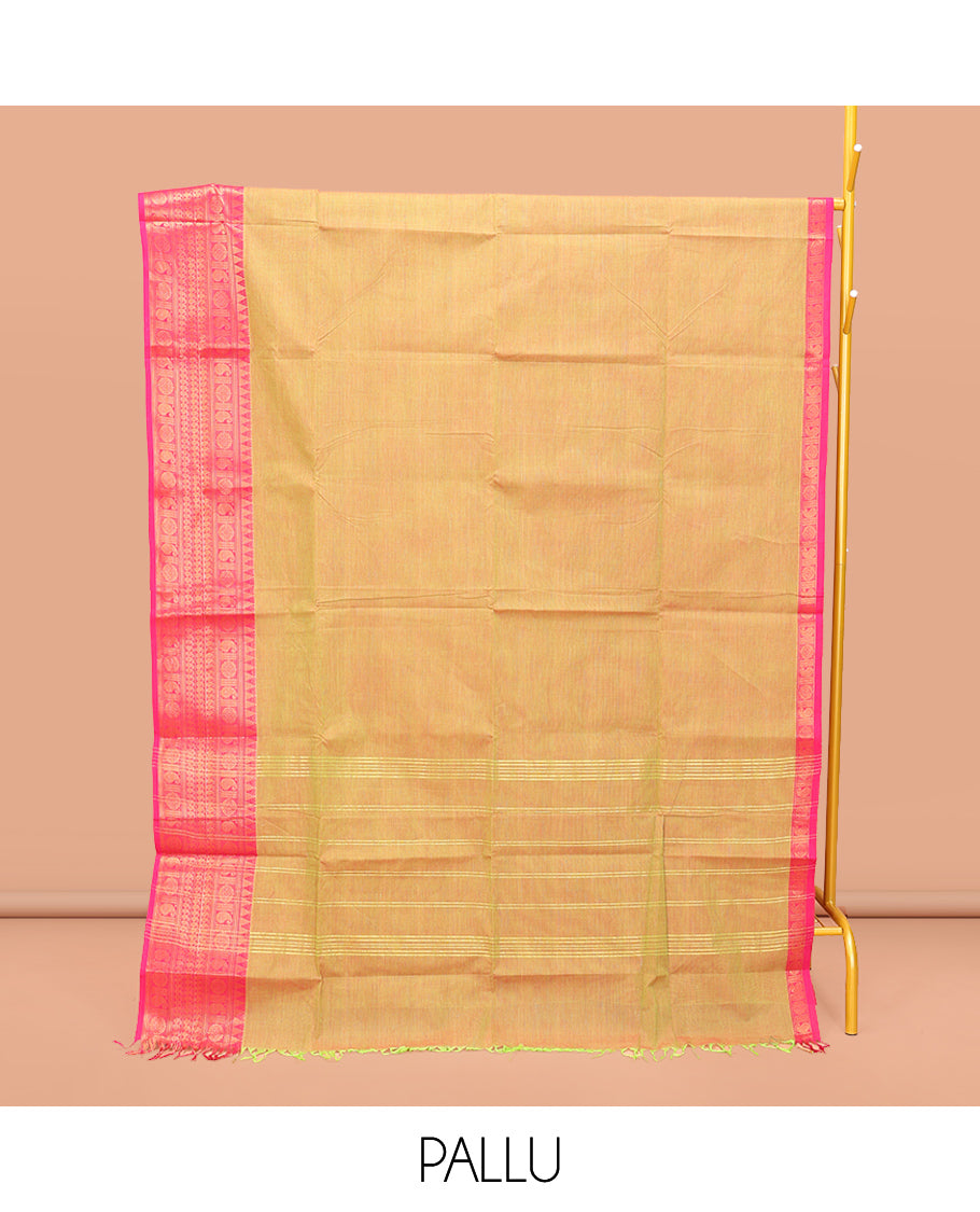 Yellow Plain Chettinad Cotton Saree, Complemented by a Contrast Traditional Zari Design Border, Pallu of Stripes, and Paired with a Matching Blouse