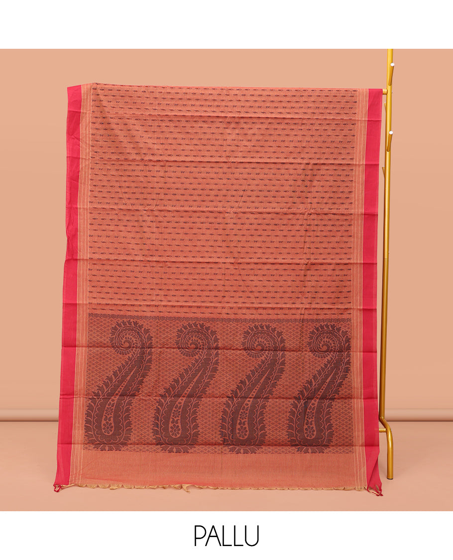 Orange Kanchi Cotton Saree Steeped with Thread Buttas on Its Body, Complemented by a Contrast Border, Paisley-Motif Pallu, and a Matching Blouse