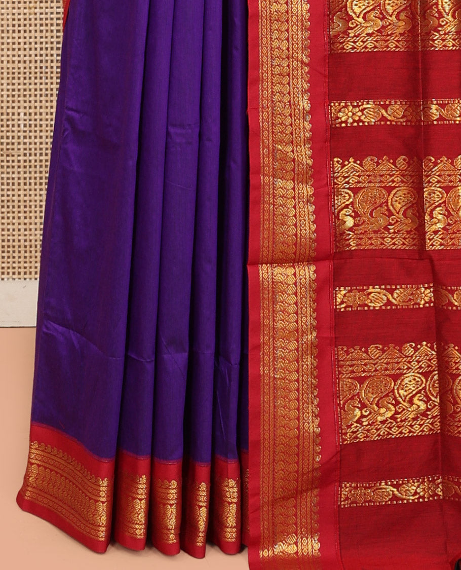 Violet Kalyani Cotton Saree, Subtly Woven with Zari Buttas, Complemented by a Contrast Traditional Border, Traditional Pallu, and a Contrast Blouse