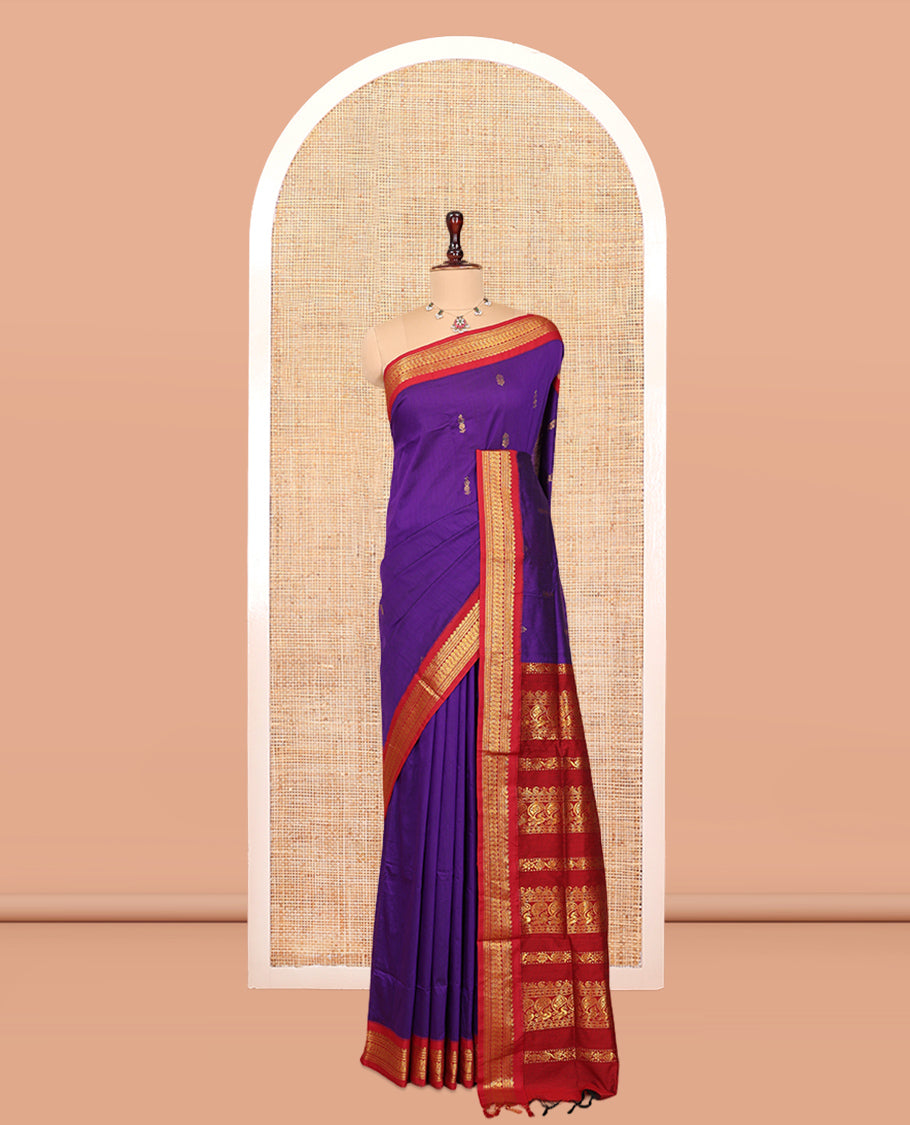 Violet Kalyani Cotton Saree, Subtly Woven with Zari Buttas, Complemented by a Contrast Traditional Border, Traditional Pallu, and a Contrast Blouse