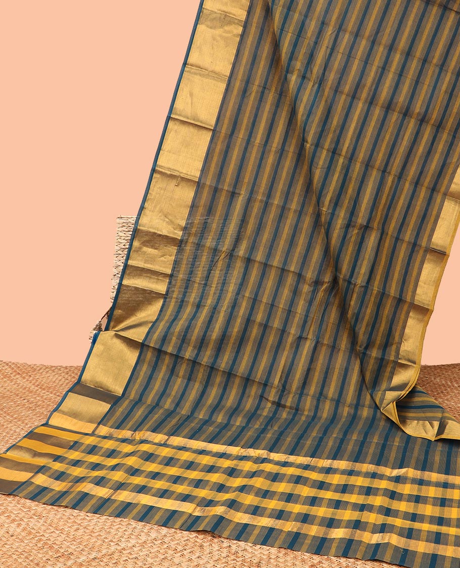 Brown striped chirla cottton saree with contrast zari border & checked pallu