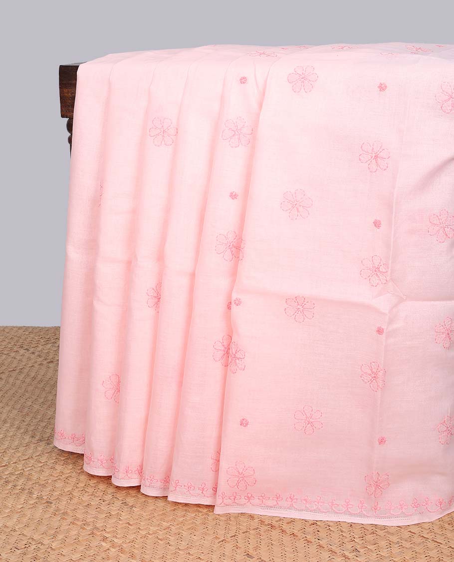 Pink floral embroidery lucknowi chikankari cotton saree,self scallop design border & pallu of floral embroidery