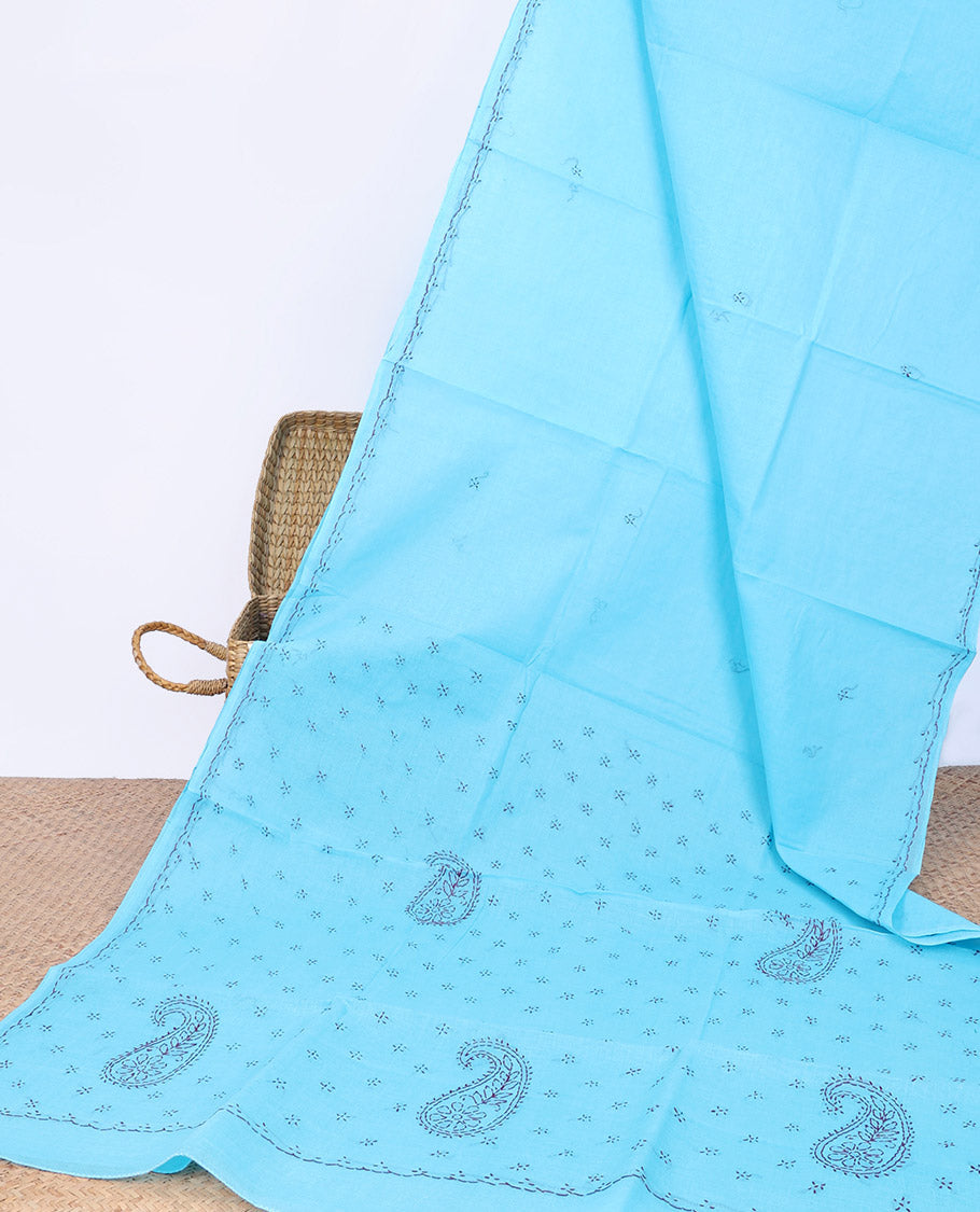 Blue floral embroidery lucknowi chikankari cotton saree,self-border & pallu of floral & paisley embroidery