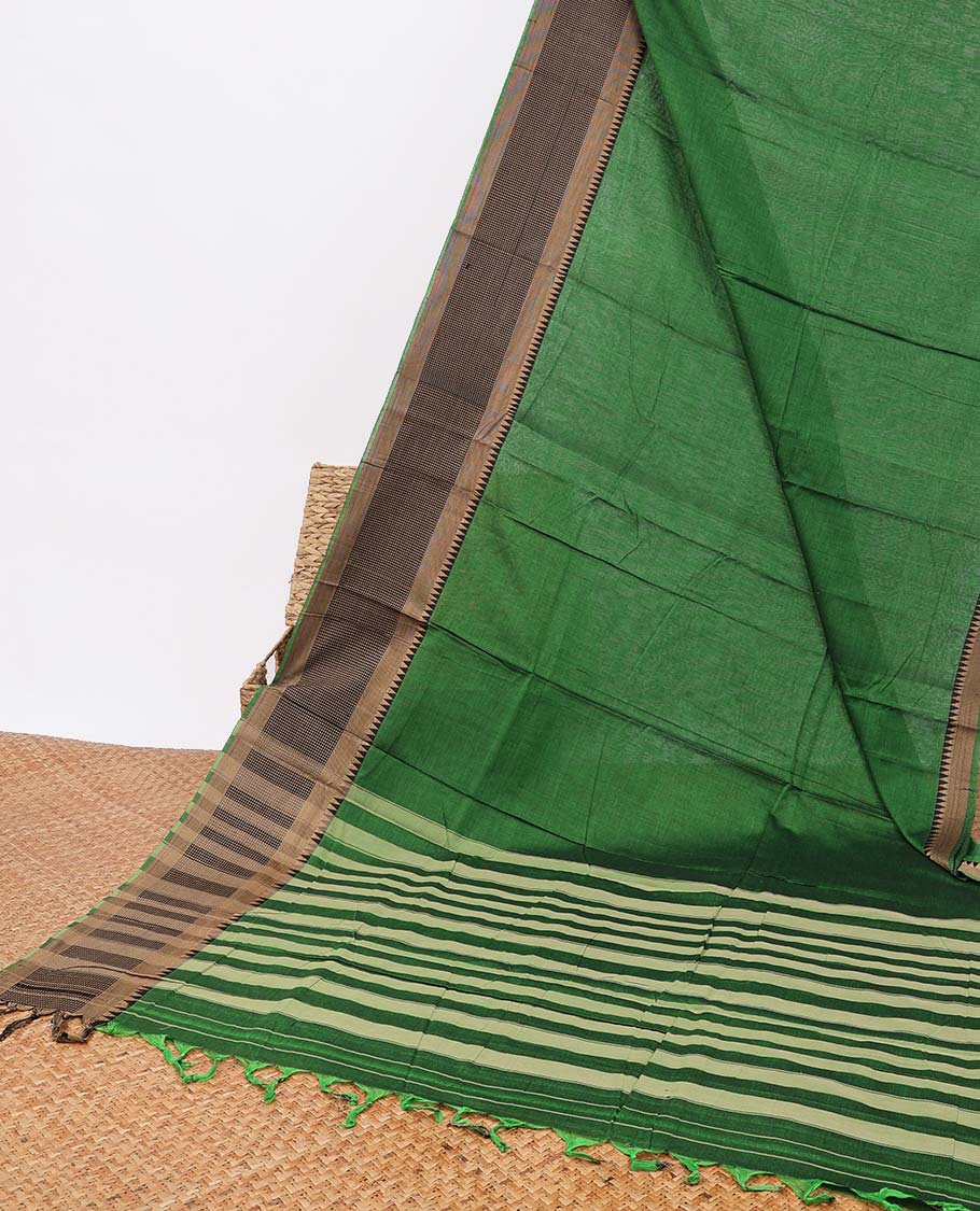 Green narayanapet cotton saree with contrast temple border & striped pallu