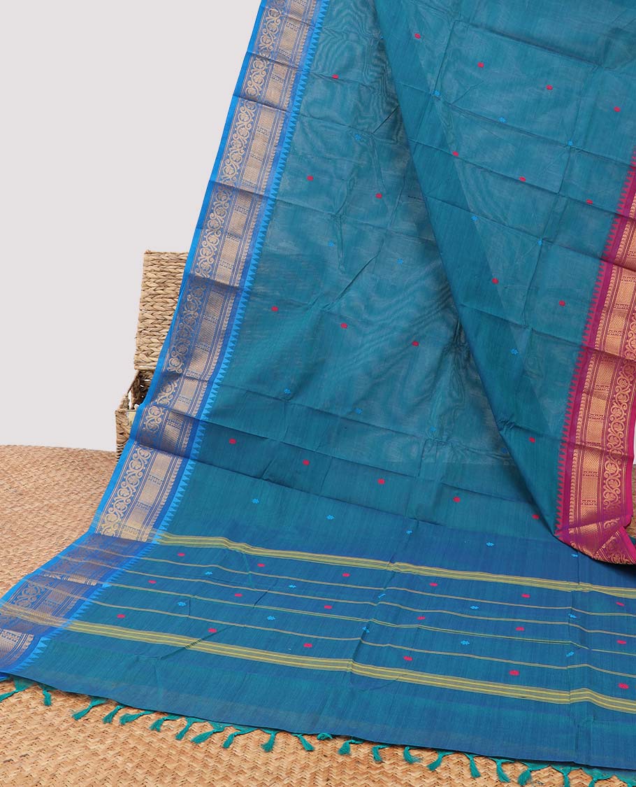 Blue floral buttas chettinad cotton saree contrast intricate zari design border & striped , floral design pallu