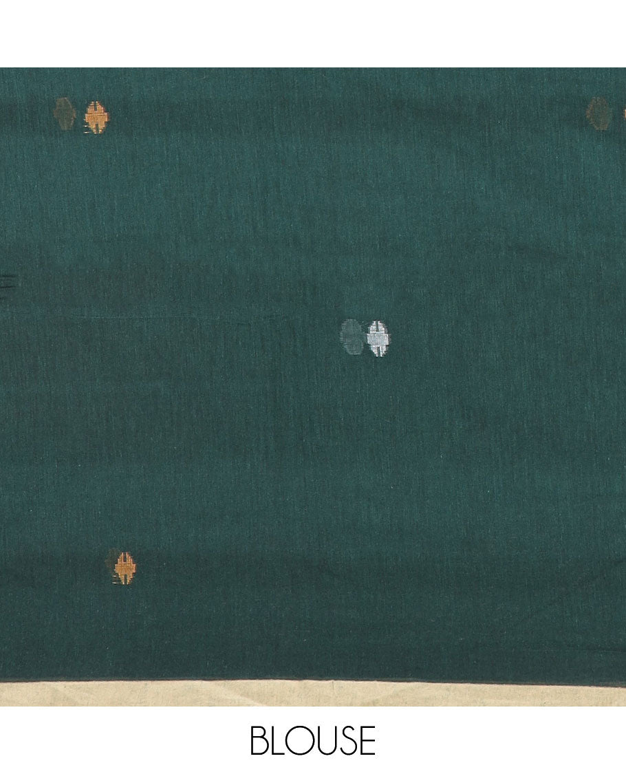 Deep jungle green Meena thread buttas Kadhi cotton saree, contrast piping border & pallu of 4-petal floral motifs & stripes