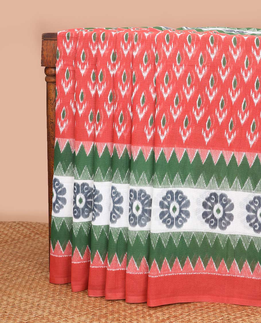 Red floral motifs mul mul cotton saree with contrast temple, floral design border & floral design pallu