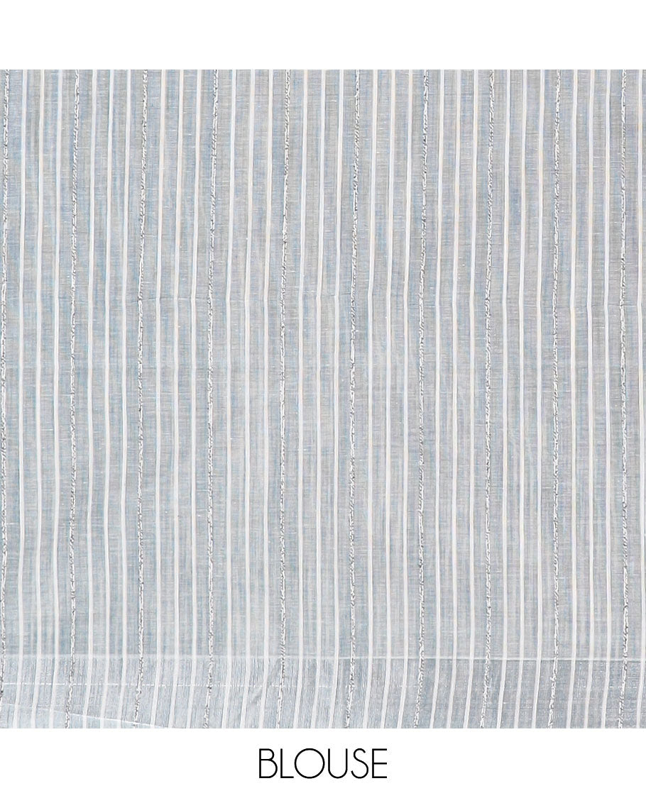 Grey hand-brushing-style floral printed jute cotton saree, zari & printed border & striped pallu
