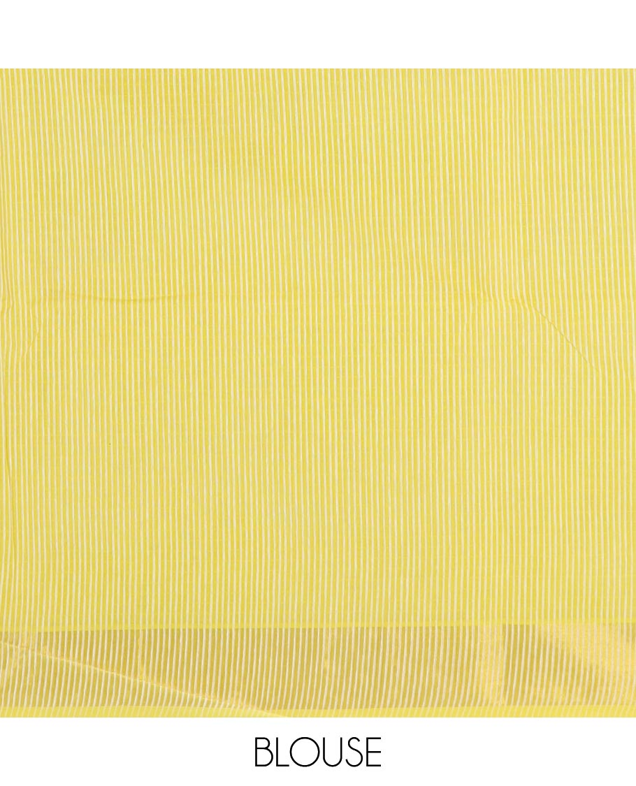Yellow striped jute cotton saree, zari border, and striped pallu