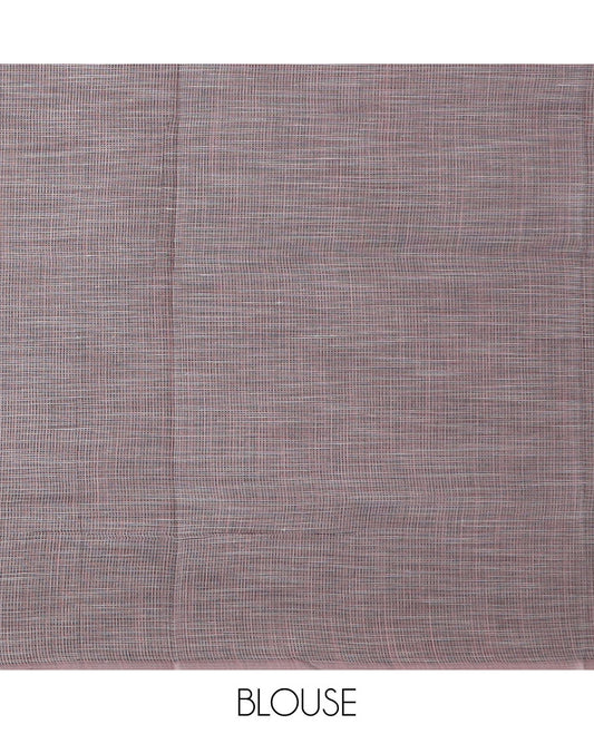 Pale pink square buttas woven cotton saree, contrast plain border and pallu features a pink flower with stem motifs
