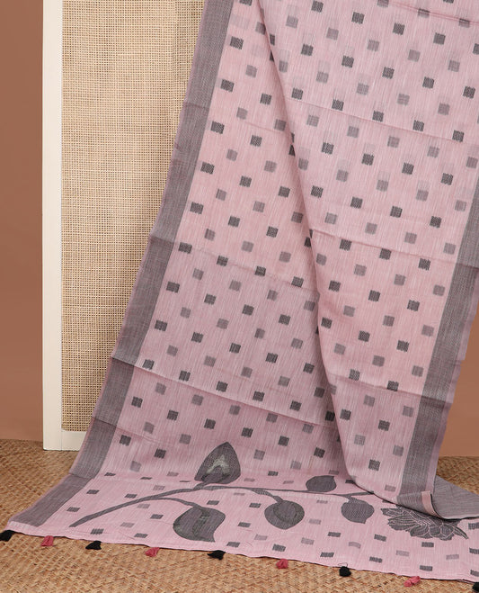 Pale pink square buttas woven cotton saree, contrast plain border and pallu features a pink flower with stem motifs