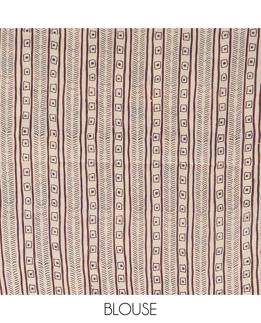 Cream floral, and sparrow machine printed kalamkari cotton saree, contrast floral-peacock border, and pallu of peacocks print