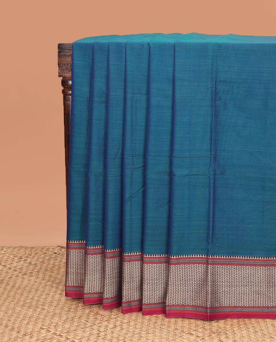 Blue plain Narayanapet cotton saree, contrast geometric border, and striped pallu
