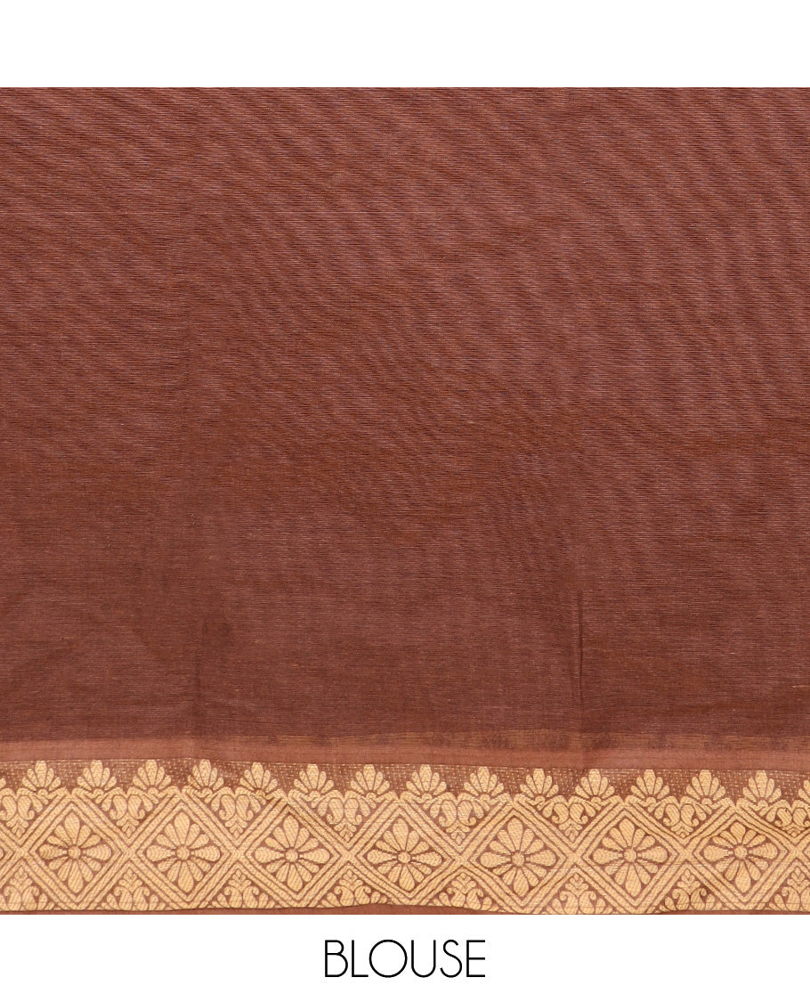 Brown floral buttas Coimbatore Cotton saree, traditional border, and pallu of paisley, and geometric designs