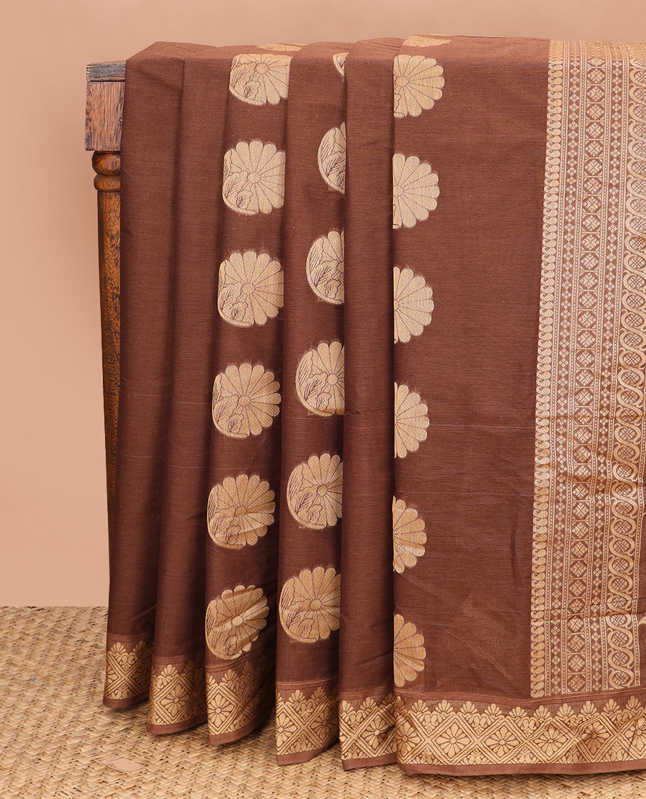 Brown floral buttas Coimbatore Cotton saree, traditional border, and pallu of paisley, and geometric designs