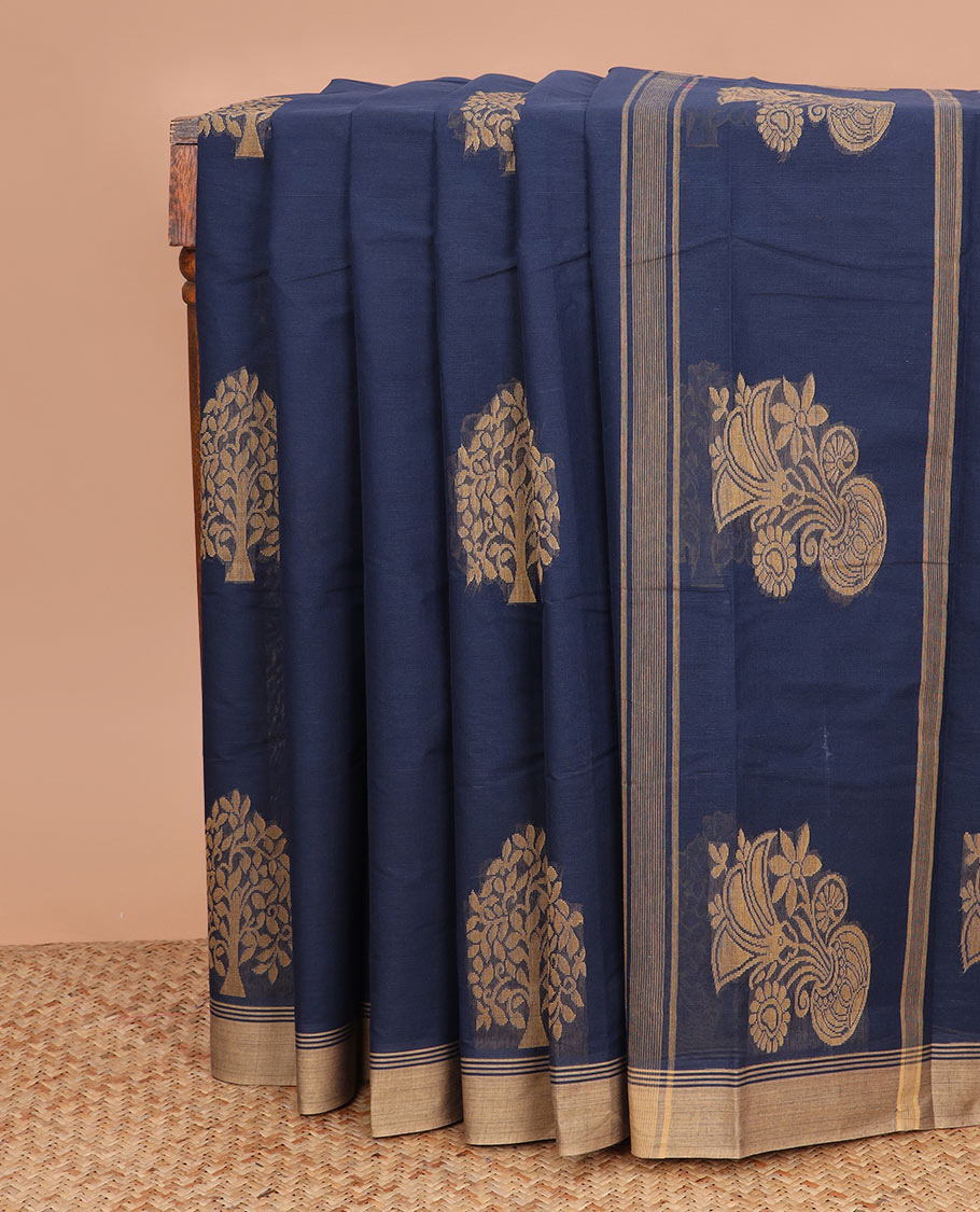 Navy blue tree buttas kanchi cotton saree, contrast plain border, and floral potted pallu