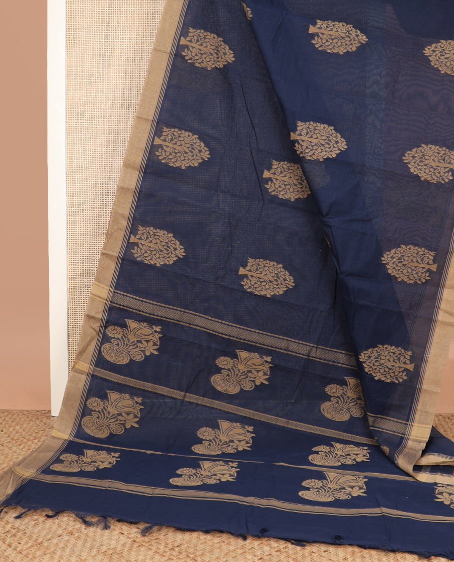 Navy blue tree buttas kanchi cotton saree, contrast plain border, and floral potted pallu