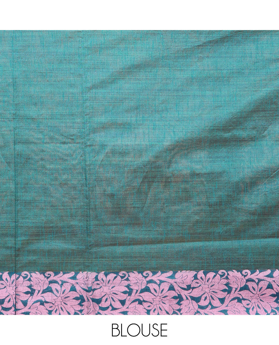 Pink floral motifs printed Andhra cotton saree, contrast floral creeper zari border, and contrast printed pallu