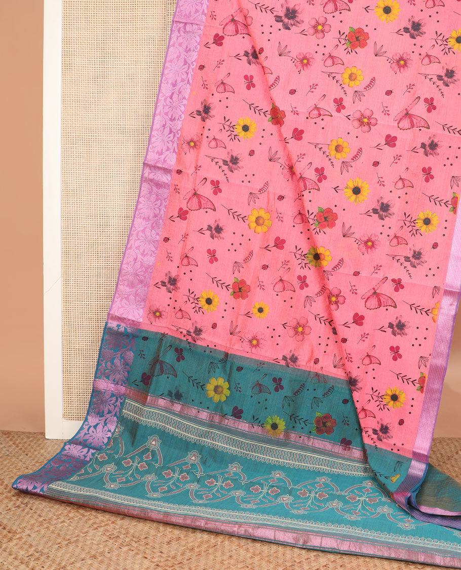 Pink floral motifs printed Andhra cotton saree, contrast floral creeper zari border, and contrast printed pallu