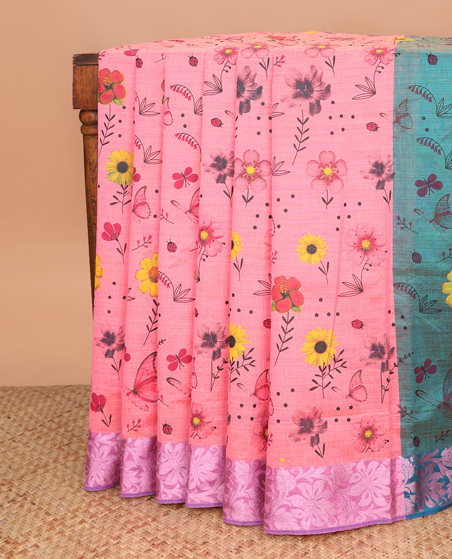 Pink floral motifs printed Andhra cotton saree, contrast floral creeper zari border, and contrast printed pallu