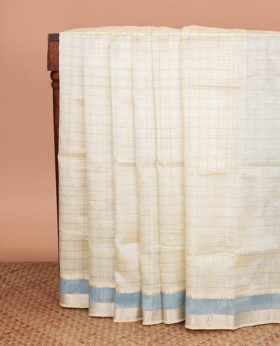 Cream checked Mangalagiri cotton saree with contrast temple border, and striped pallu