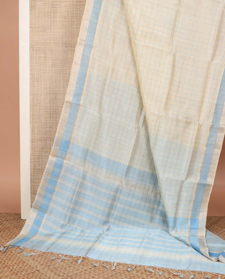Cream checked Mangalagiri cotton saree with contrast temple border, and striped pallu