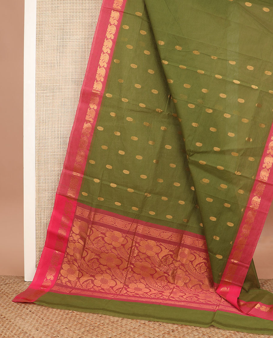 Green zari buttas Venkatagiri cotton saree, contrast peacock zari border, and pallu of floral designs
