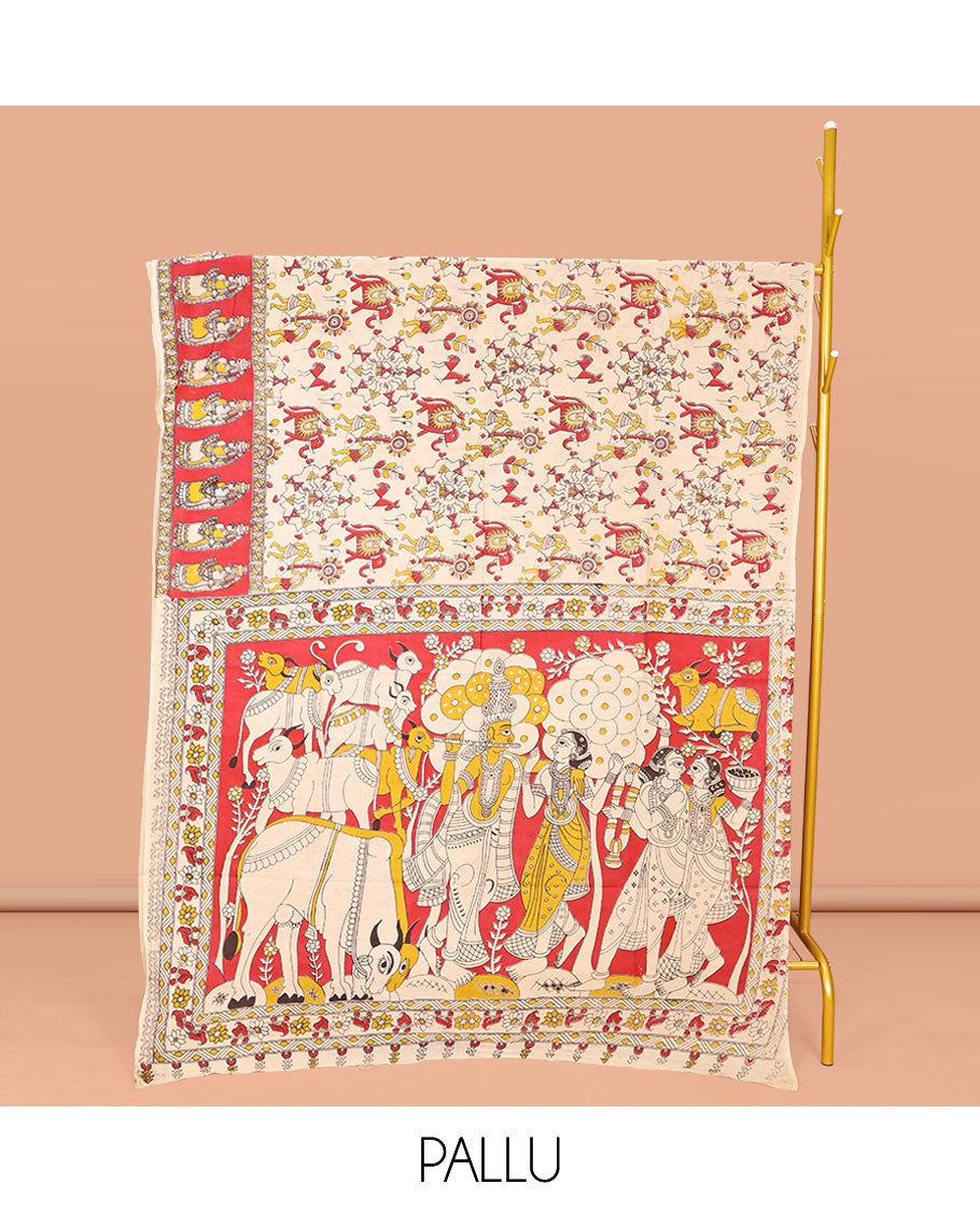 Light Cream Machine-Printed Kalamkari Cotton Saree, Artfully Printed with Warli-Motifs on Its Body, Complemented by a Contrast Human Motifs Printed Border, Pallu of Lord Radha Krishnan Print, and Paired with a Printed Blouse