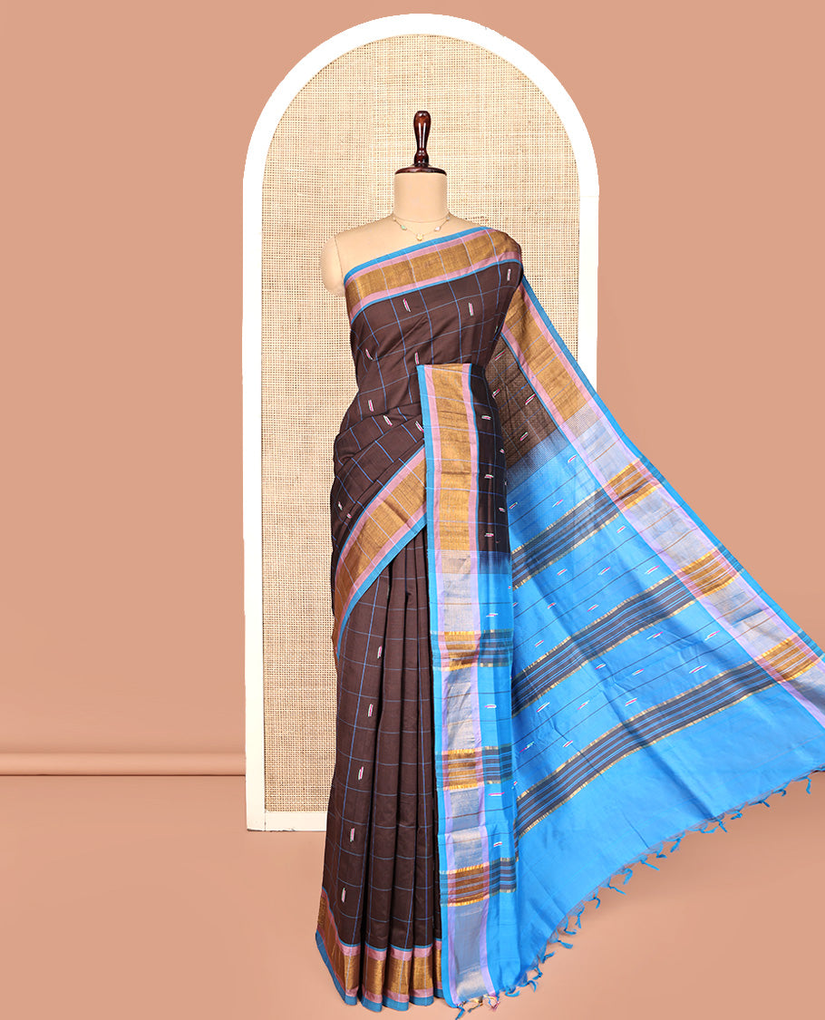 Brown Poly Cotton Saree, Decked Up with Butta Enclosed Checks, Complemented by Contrast Border, Pallu of Buttas and Stripes, and Paired with a Contrast Blouse