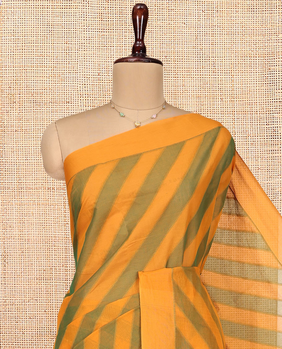 Green-Yellow Coimbatore Cotton Saree, Embellished with Leheriya-style Stripes on Its Body, a Subtle Plain Border, Sparsely Woven Pallu, and Paired with Matching Blouse