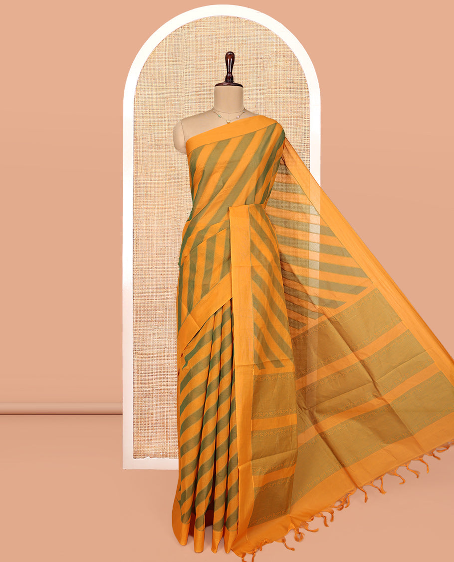 Green-Yellow Coimbatore Cotton Saree, Embellished with Leheriya-style Stripes on Its Body, a Subtle Plain Border, Sparsely Woven Pallu, and Paired with Matching Blouse