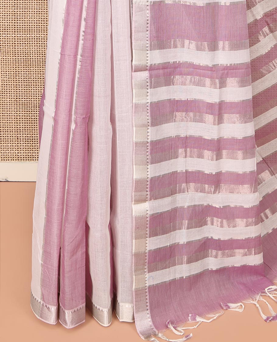 Cream-Pink Mangalgiri Cotton Saree, Sparsely Threaded with Stripes on Its Body, Highlighted by Zari Temple Border, Zari-Striped Pallu, and Paired with a Matching Blouse
