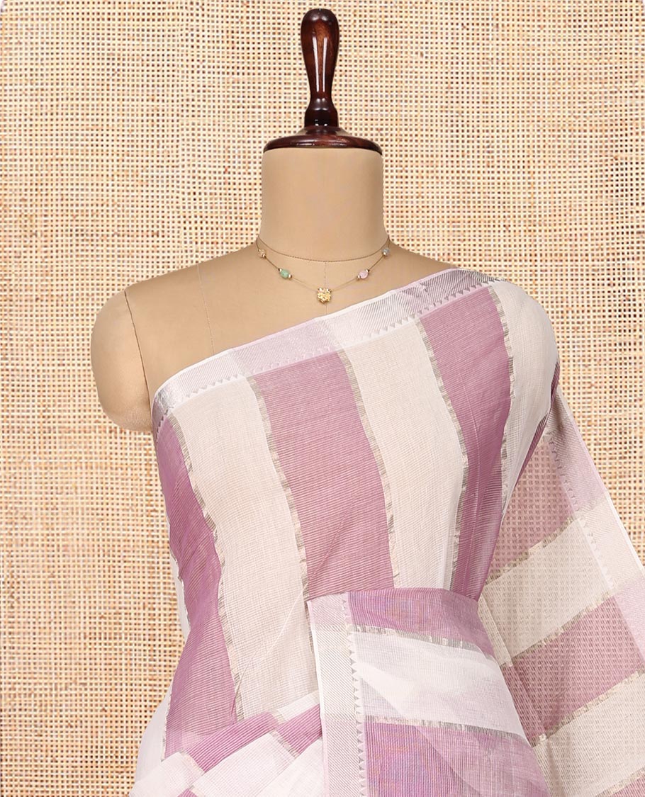 Cream-Pink Mangalgiri Cotton Saree, Sparsely Threaded with Stripes on Its Body, Highlighted by Zari Temple Border, Zari-Striped Pallu, and Paired with a Matching Blouse