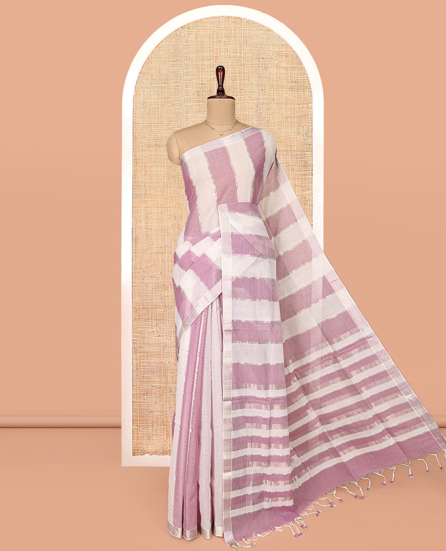 Cream-Pink Mangalgiri Cotton Saree, Sparsely Threaded with Stripes on Its Body, Highlighted by Zari Temple Border, Zari-Striped Pallu, and Paired with a Matching Blouse