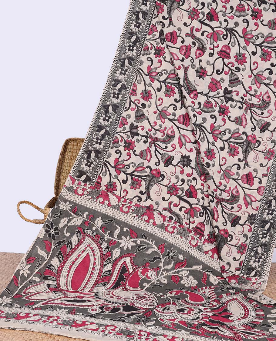 Cream floral, fish design machine-printed kalamkari cotton saree with contrast floral border & peacock design pallu