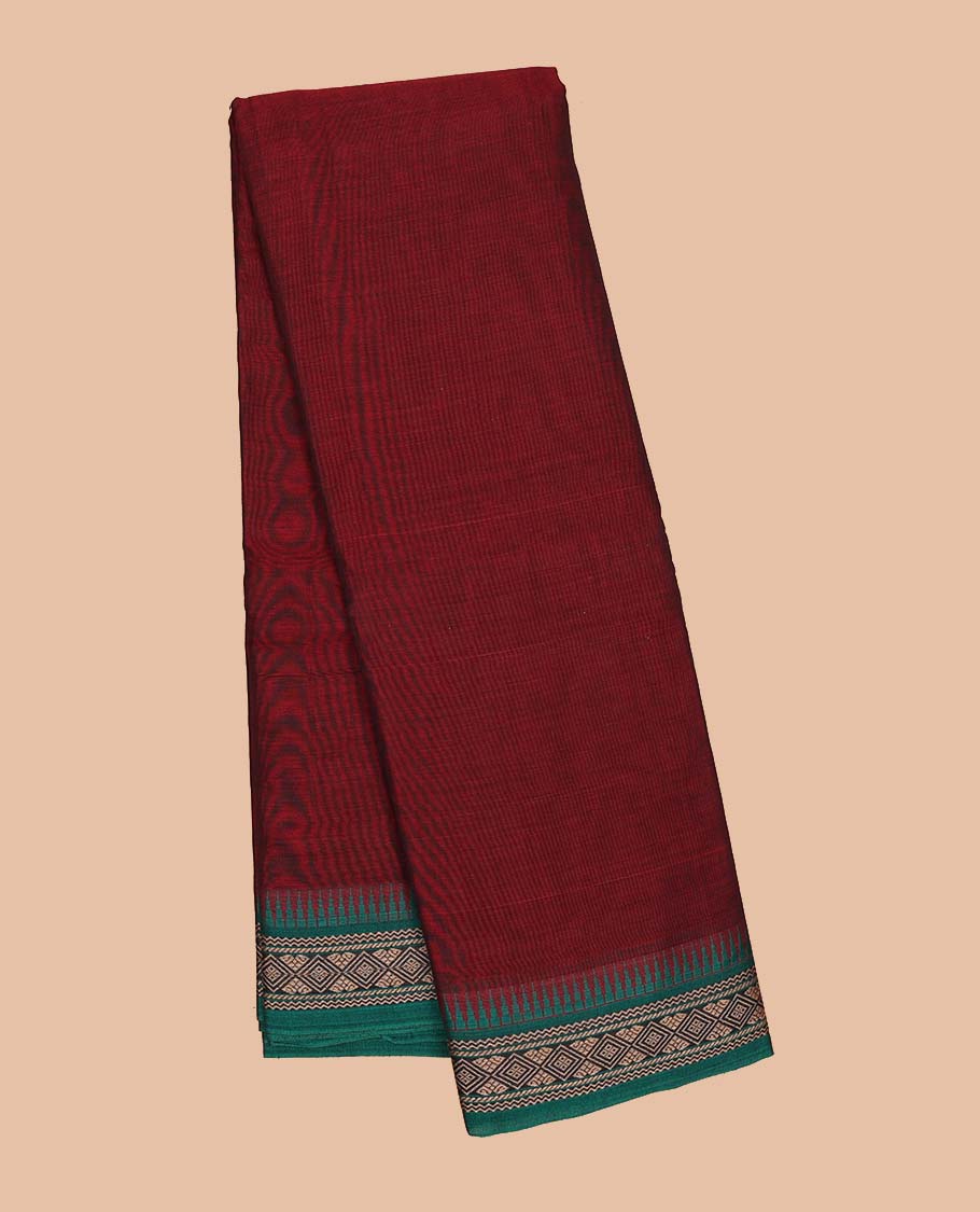 Maroon plain Narayanapet cotton saree, contrast unique design border & striped pallu