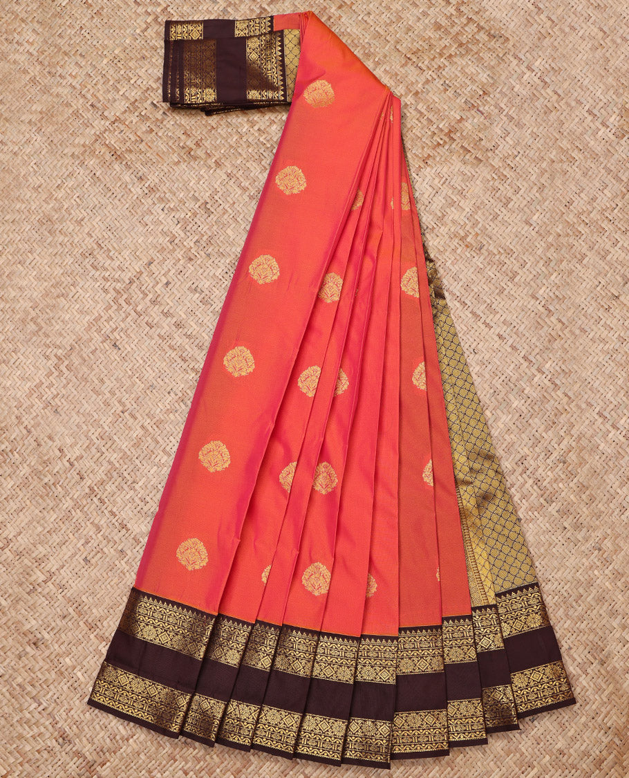 Pink Gift Saree, Accentuated with Zari Buttas All Over Its Body, Complemented by a Contrast Traditional Zari Design Border, Grand Pallu of Jaal Designs, and Paired with a Contrast Blouse