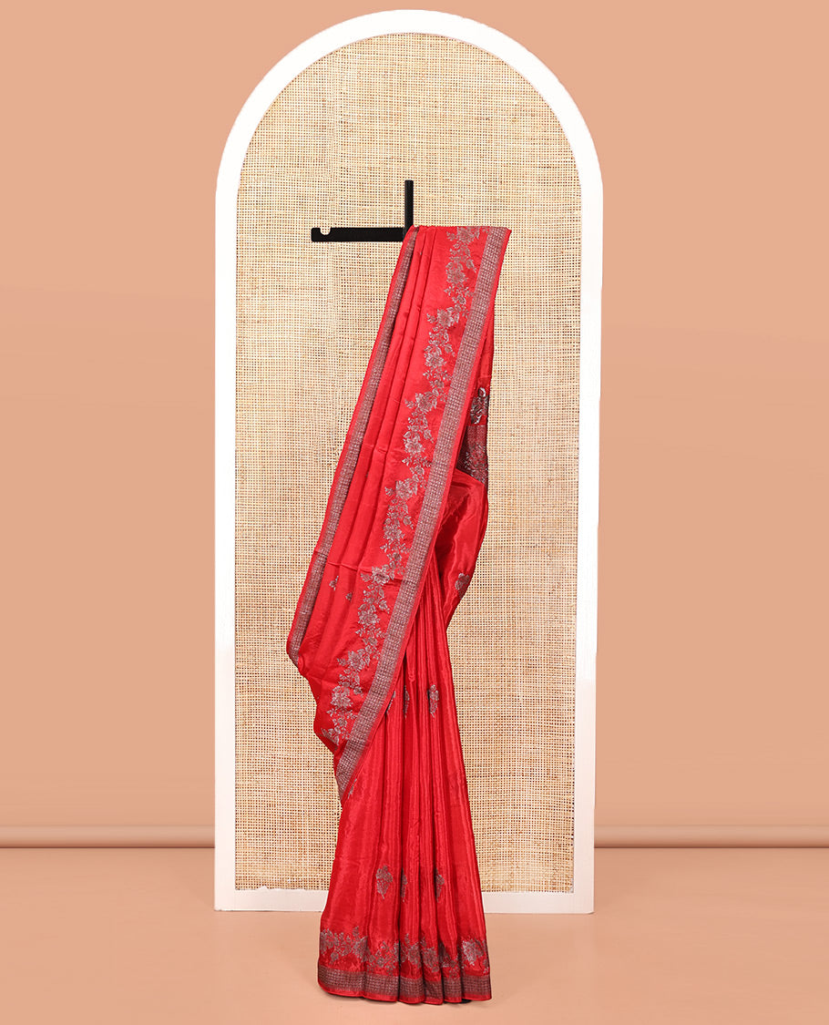 Red HO-Silk Saree, Adorned with Floral Zari Buttas All Over Its Body, Highlighted by Self-Border of Floral Creeper Designs, Floral Jaal Pallu and Paired with a Plain Blouse