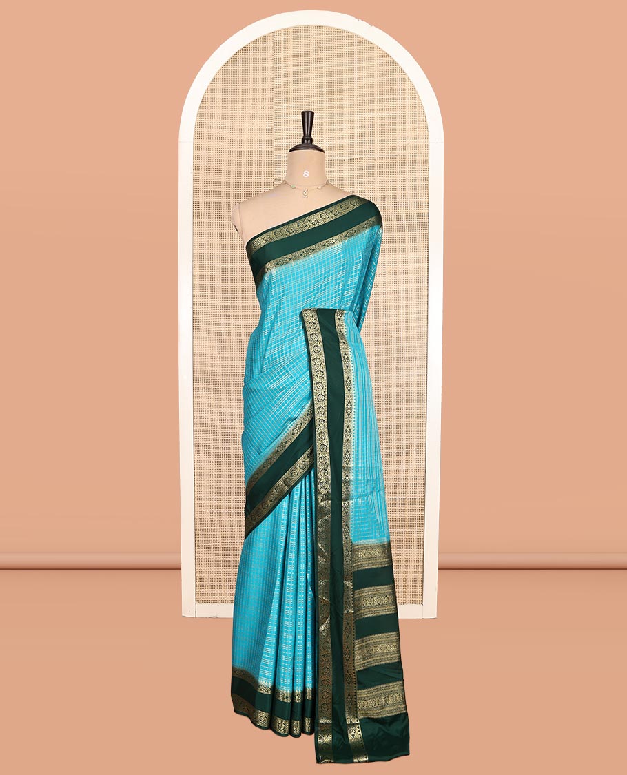 Rama Blue Fancy Mysore Silk Saree Features Checks, Contrast Traditional Double-Pet Border, Rich Pallu, Contrast Blouse