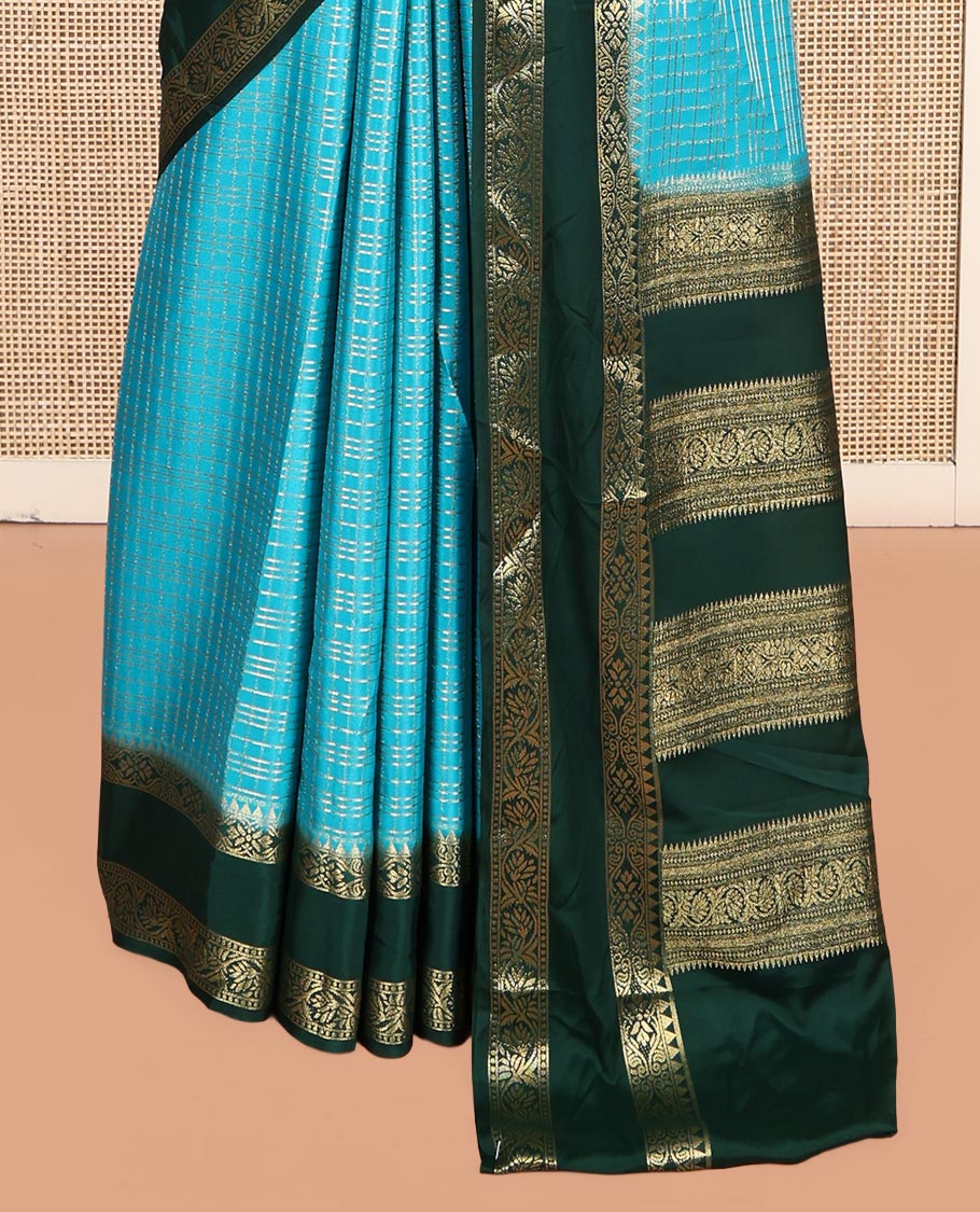 Rama Blue Fancy Mysore Silk Saree Features Checks, Contrast Traditional Double-Pet Border, Rich Pallu, Contrast Blouse