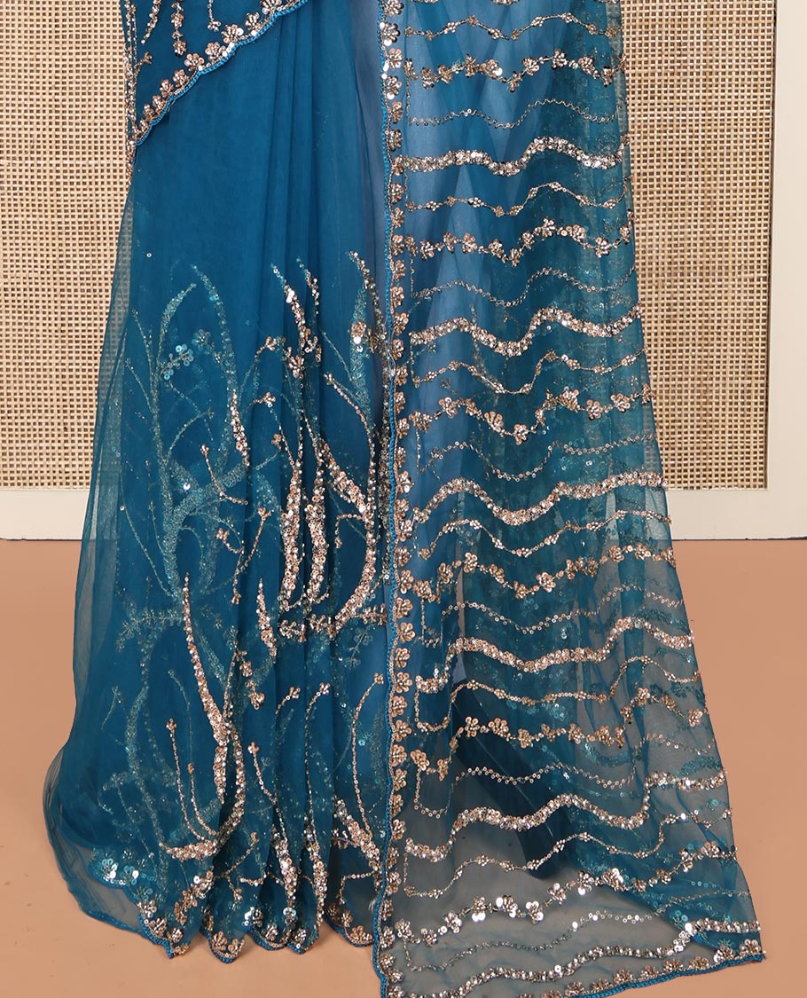 Peacock Green Zig-Zag Sequin Striped Net Designer Saree with Matching Blouse