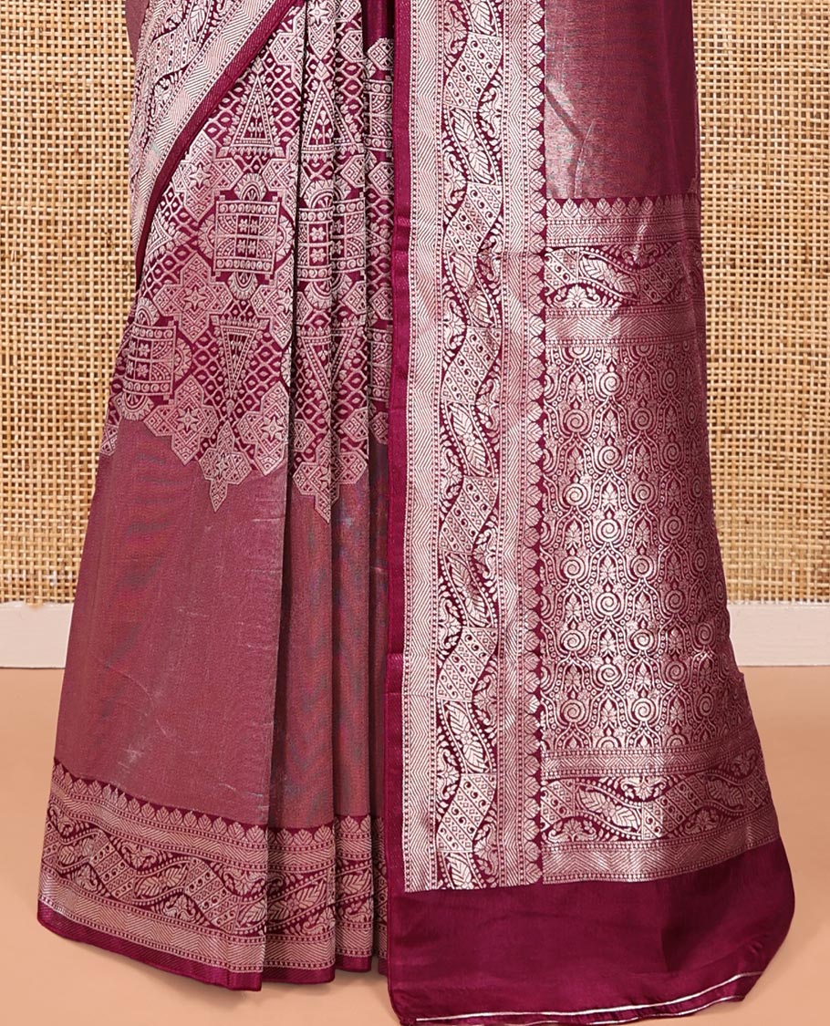 Purple Matka Silk Saree, Richly Detailed with Skirt-Border-Style Geometric Zari Patterns On Its Body, Highlighted by Zari Border, Grandly Zari Woven Pallu, and Paired with a Contrast Blouse
