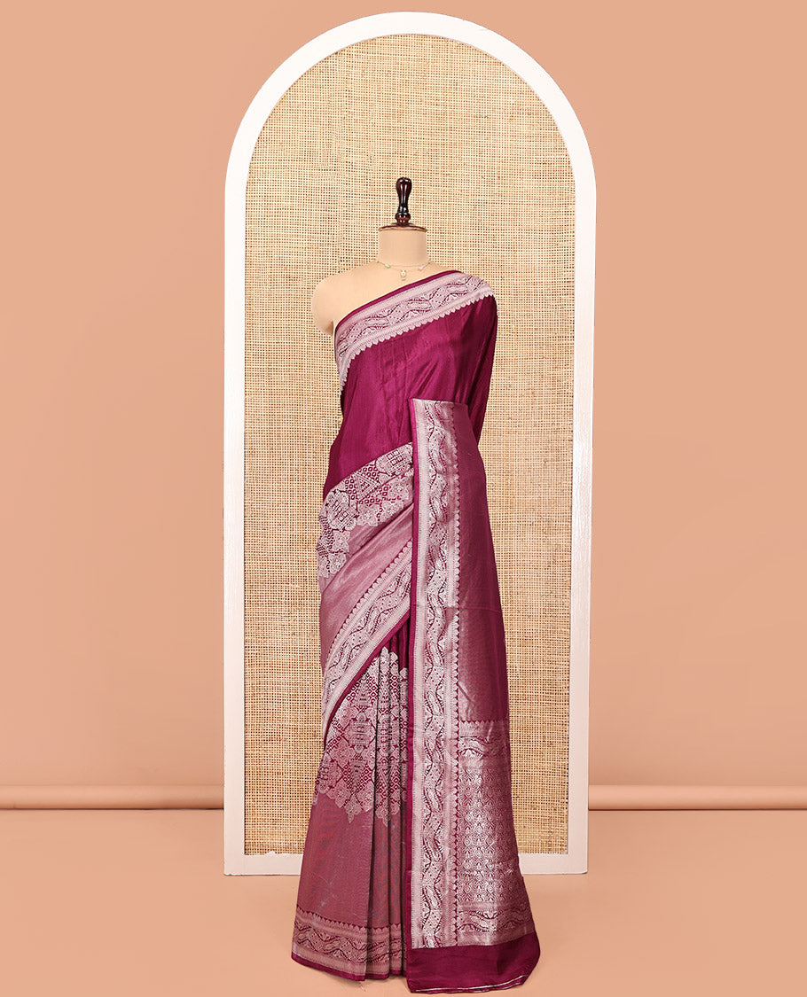 Purple Matka Silk Saree, Richly Detailed with Skirt-Border-Style Geometric Zari Patterns On Its Body, Highlighted by Zari Border, Grandly Zari Woven Pallu, and Paired with a Contrast Blouse
