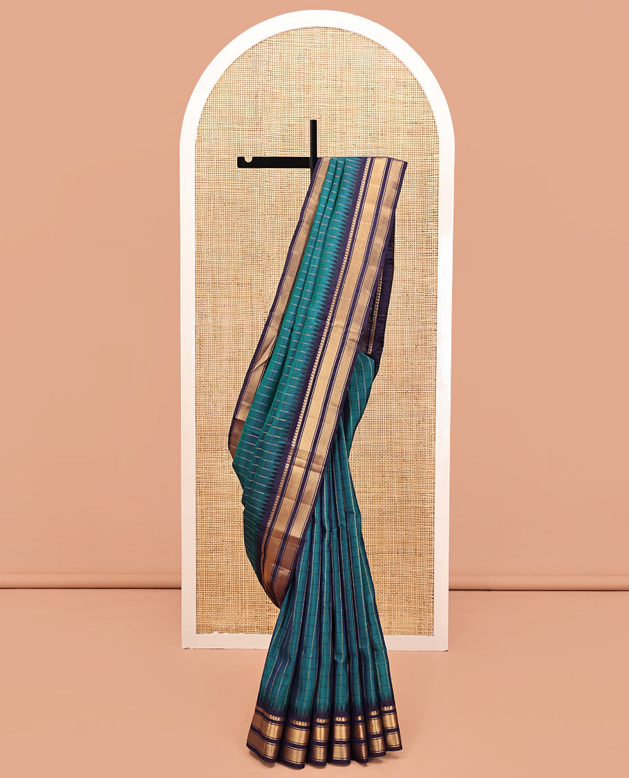 Mayil Color and Navy Blue Vasundhara Lite Silk Mix Saree, Graced with Checked Design All Over Its Body, Complemented by a Contrast Thazampoo Rekku Border of Manga Mokku, Muthu, and Mayil Kann Designs, Grand Pallu, and Paired with a Contrast Blouse