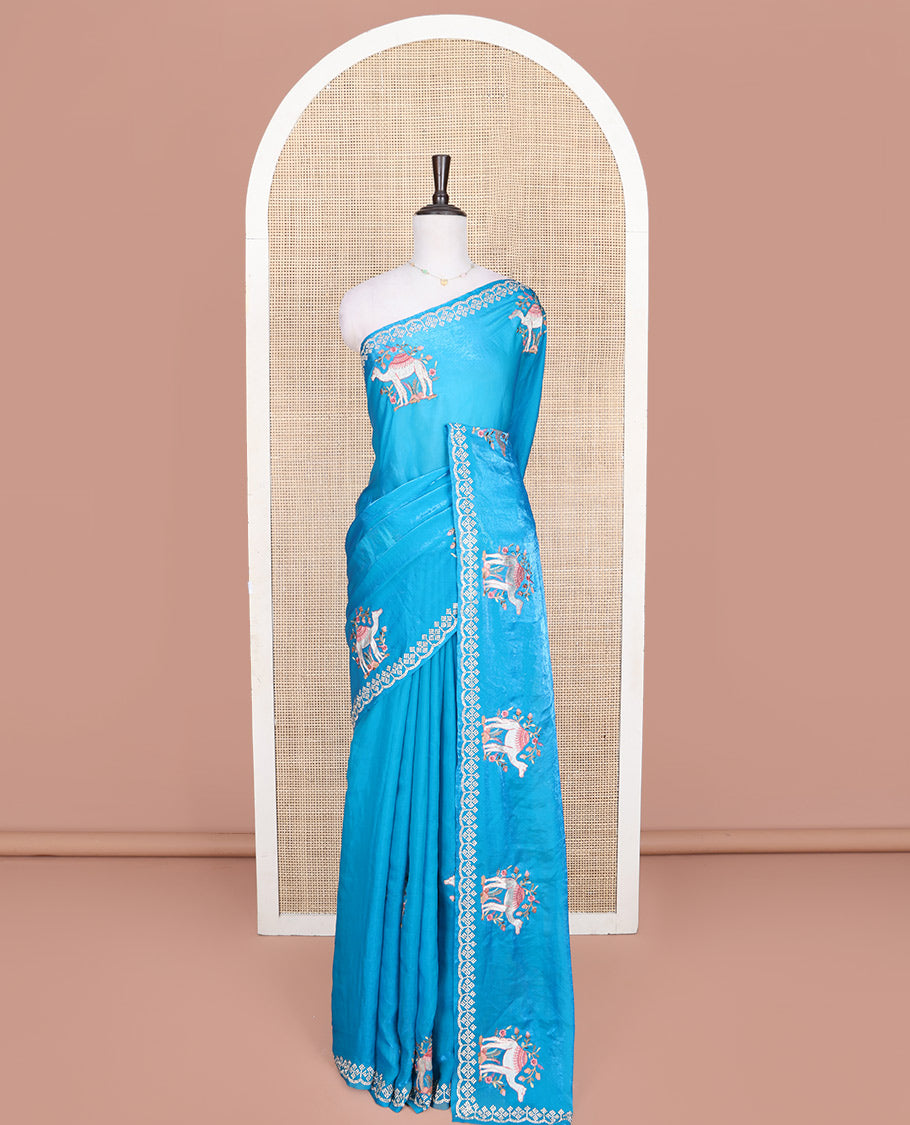 Blue Designer Saree, Finely Crafted with Camel Embroidered Buttas on Its Body, Subtle Scallop Stone Work Border, Self-Pallu of Camel Embroidery Buttas, and Paired with a Matching Blouse