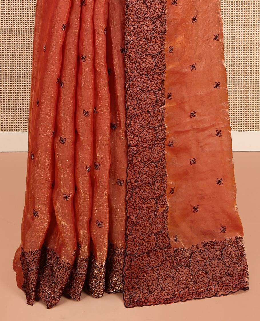 Orange Designer Saree, Beautified with Leaf Motif Embroidery, Scallop Floral Jaal Embroidery Border, and Matching Embroidered Blouse