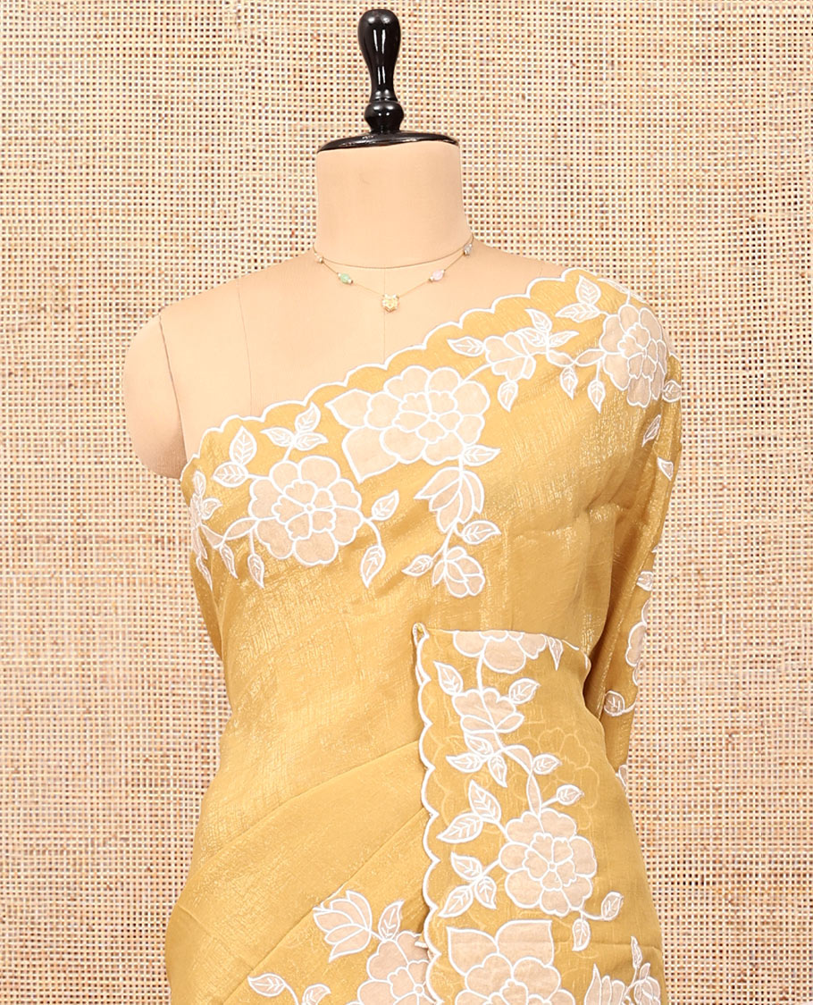 Mustard Plain Organza Saree, Enthralled with Scallop Floral Embroidery Border, and Matching Blouse