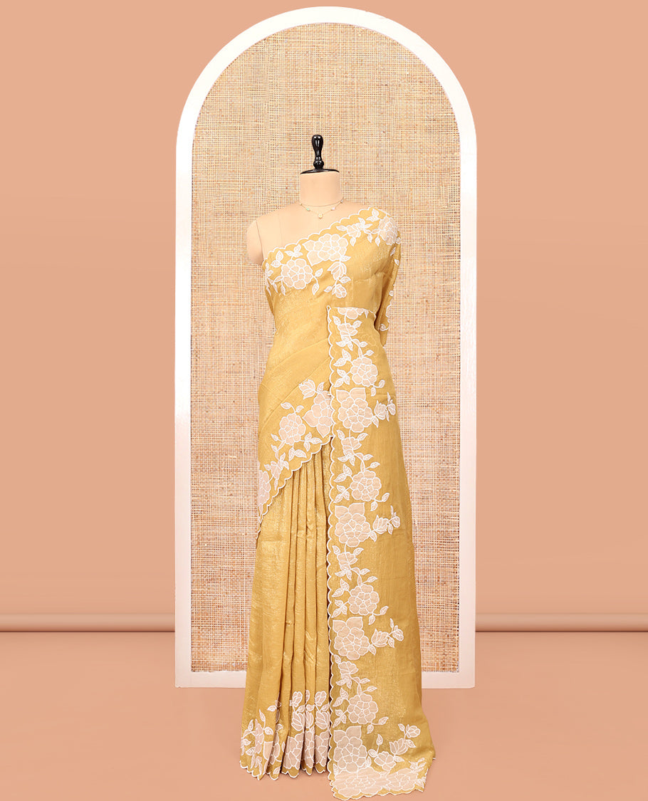 Mustard Plain Organza Saree, Enthralled with Scallop Floral Embroidery Border, and Matching Blouse