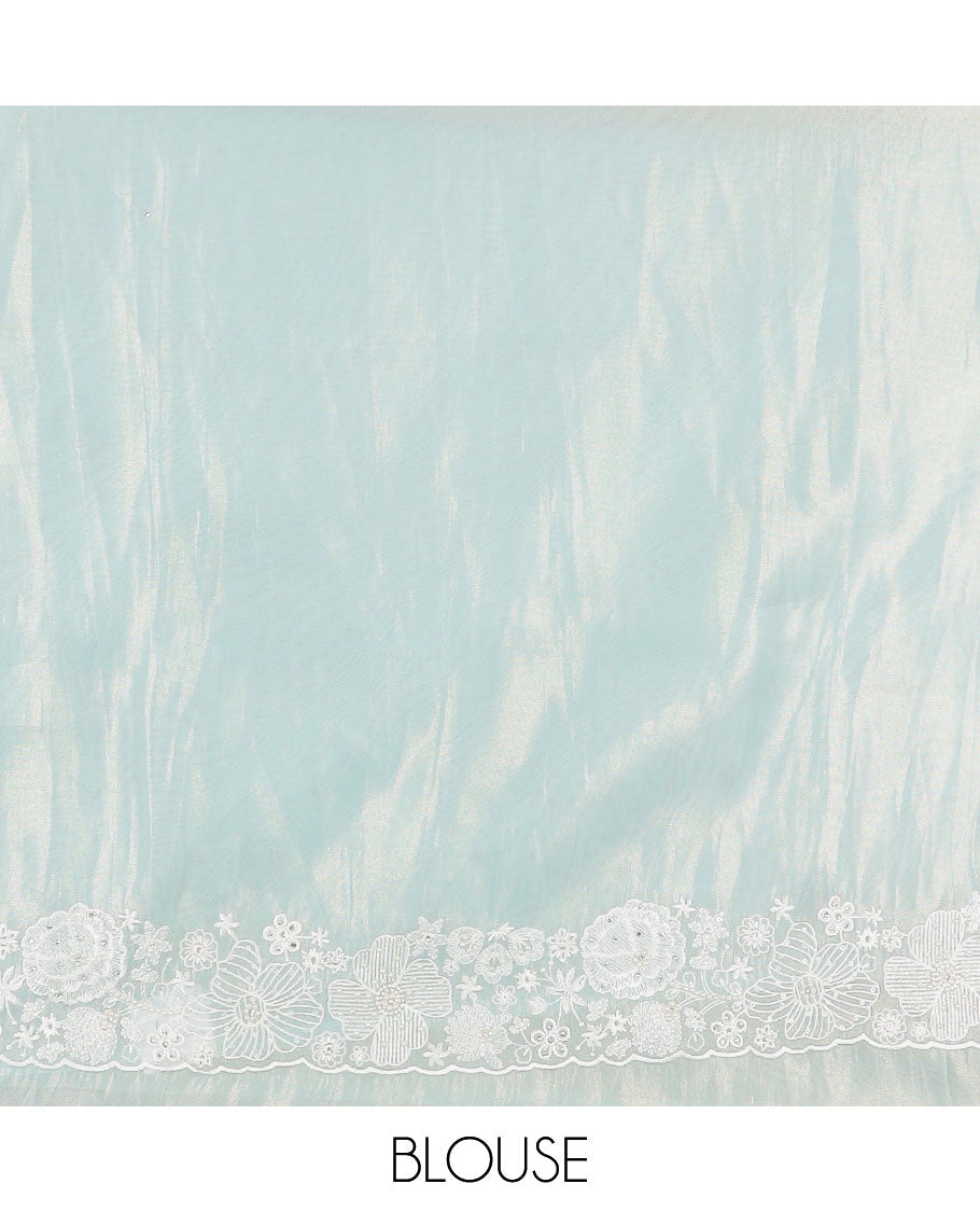 Pastel blue floral embroidered designer organza saree, floral embroidered scallop border