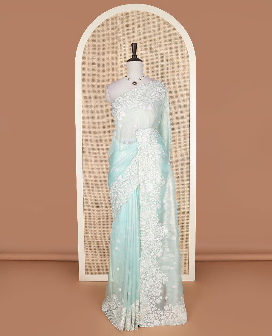 Pastel blue floral embroidered designer organza saree, floral embroidered scallop border